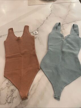 Abercrombie & Fitch Ribbed Bodysuits in Tan and Light Blue